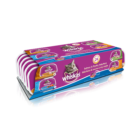 Format variété de barquettes de 100 g de repas WHISKAS<sup>MD</sup> pâté : poulet et foie, poulet, dinde et abattis, saumon