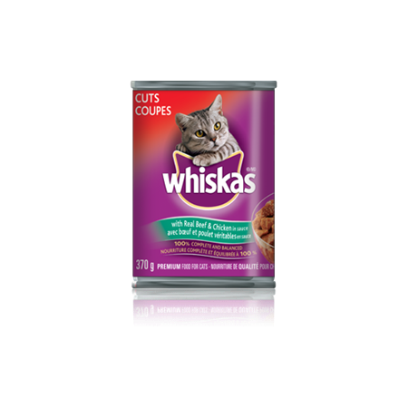 WHISKAS<sup>MD</sup> COUPES<sup>MD</sup> avec bœuf et poulet véritables en sauce