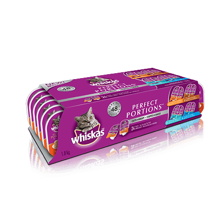 WHISKAS<sup>MD</sup> PERFECT PORTIONS<sup>MC</sup> coupes en sauce sélections de poulet, de dinde, de saumon et de thon 24 unités