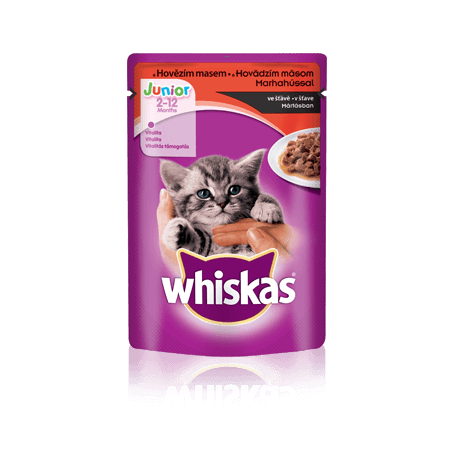 WHISKAS kapsička Junior s hovězím ve šťávě 100g