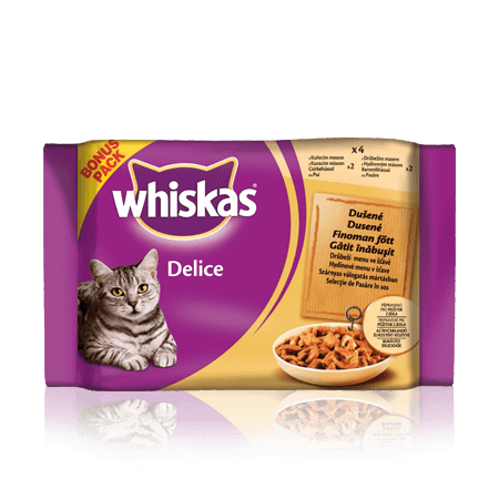 WHISKAS kapsičky Delice Dušené s kuřecím a drůbežím ve šťávě 4 x 85g