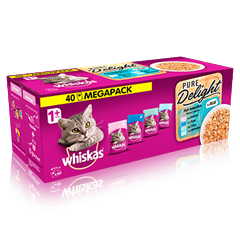 WHISKAS® 1+ Cat Pouches Pure Delight Fish Selection in Jelly 40x85g pack