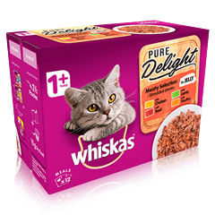 WHISKAS® 1+ Cat Pouches Pure Delight Meaty Selection in Jelly 12x85g pack