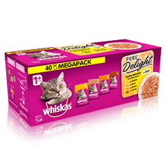 WHISKAS® 1+ Cat Pouches Pure Delight Poultry Selection in Jelly 40x85g Mega Pack