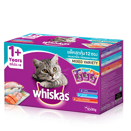 Whiskas<sup>®</sup> Pouch Multipack Dewasa 1+ Mixed Flavour (Mackerel, Ocean Fish & Mackerel & Salmon) Makanan Kucing