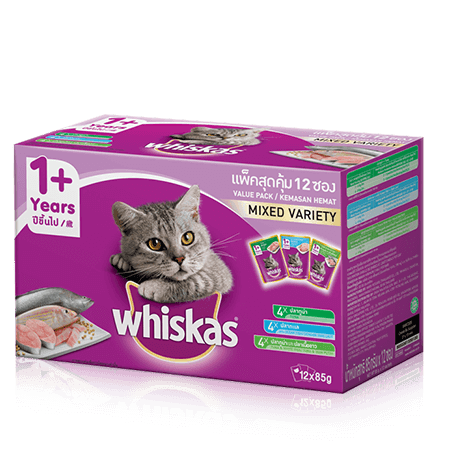 Whiskas<sup>®</sup> Pouch Multipack Dewasa 1+ Mixed Flavour (Ocean Fish, Tuna, Tuna & WhiteFish) Makanan Kucing