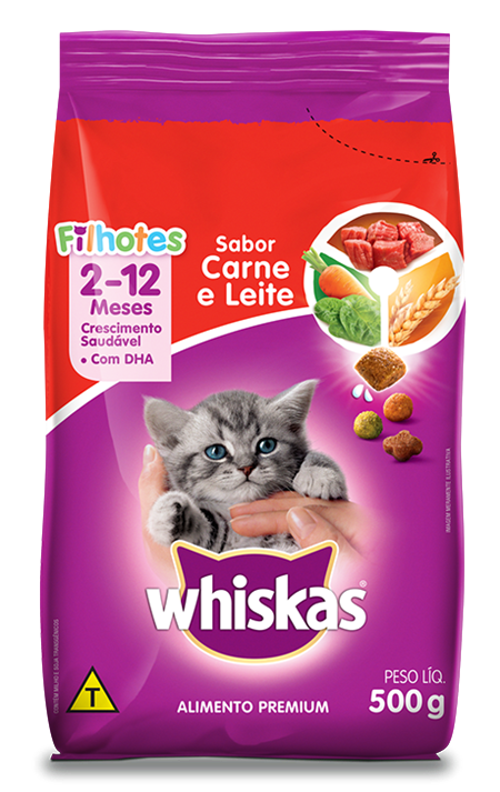 Ração Seca para Gatos Filhotes WHISKAS® Sabor Carne e Leite 500g