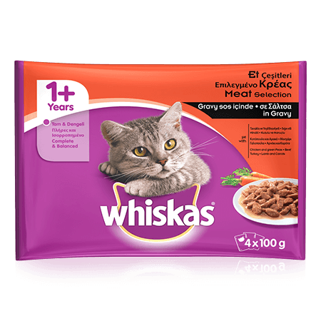 WHISKAS Pouch Et Çeşitleri Gravy Sos İçinde Tavuklu & Yeşil Bezelyeli – Sığır Etli – Hindili- Kuzulu Ve Havuçlu