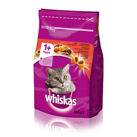 WHISKAS® Вкусные подушечки с говядиной для взрослых кошек, 300 г