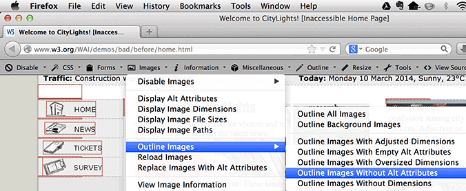 Show Images tool menu in browser