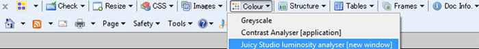 A new window opens titled Colour Contrast Analyser with the table of results. The last column is Luminosity Contrast Ratio.