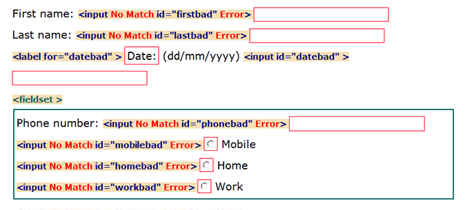 Form markup shown. Date label does not include format. Fieldset missing legend