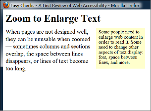 heading overlaps Two screen captures show that when text size is increased, the heading overlaps the main text, the main text overlaps the sidebar text; and the sidebar text is cut off at the bottom.