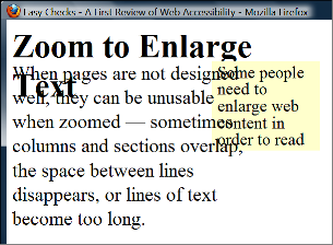 sidebar text cut off at the bottom. Two screen captures show that when text size is increased, the heading overlaps the main text, the main text overlaps the sidebar text; and the sidebar text is cut off at the bottom.