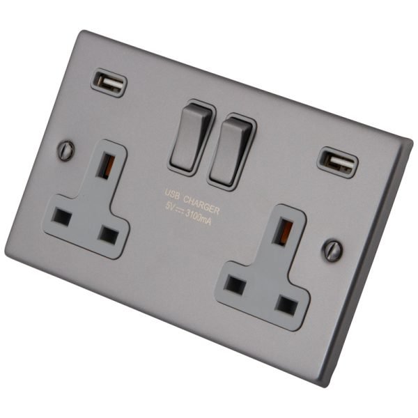 Gunmetal Grey 2 Gang 13A  Socket c/w 2XUSB 6011-914