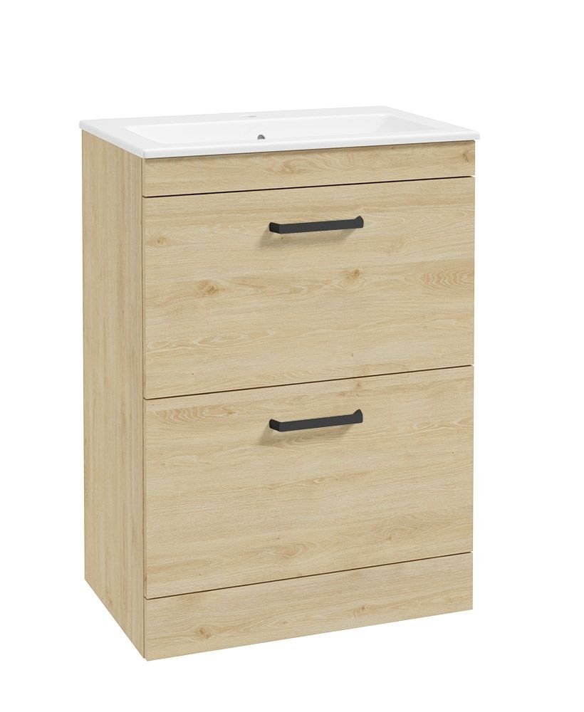 CORTA FLOORSTANDING 60CM TWO DRAWER UNIT HONEY OAK-BLACK HANDLES
