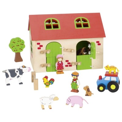 Wooden toy farmhouse with animals, farmer, tractor and other accessories 
