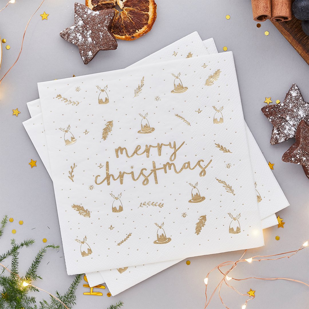 Gold 'Merry Christmas' Paper Napkins - Pack of 16
