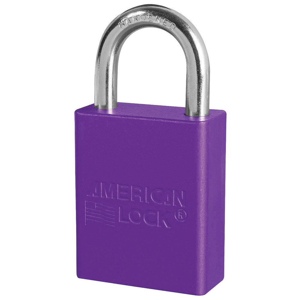 Master Lock Purple anodized aluminum safety padlock, 38mm wide with 25mm tall shackle, keyed alike