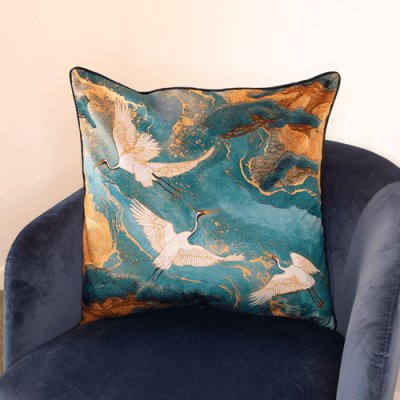 Teal River Crane Velvet Feather Filled Cushion - 60 x 60