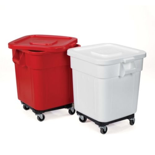 Huskee bin available in red or white and comes with a lid and wheels.