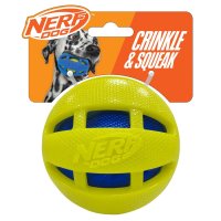 Nerf Dog TPR Checker Squeak and Crunch Ball 3.8in Blue/Green with Blue/Green Crunch Bag 1x2