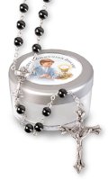 Communion Glass Rosary/Imit.Hematite   (C6133)