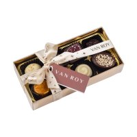 8 Belgian chocs gold base with clear lid and ribbon - 12x85g