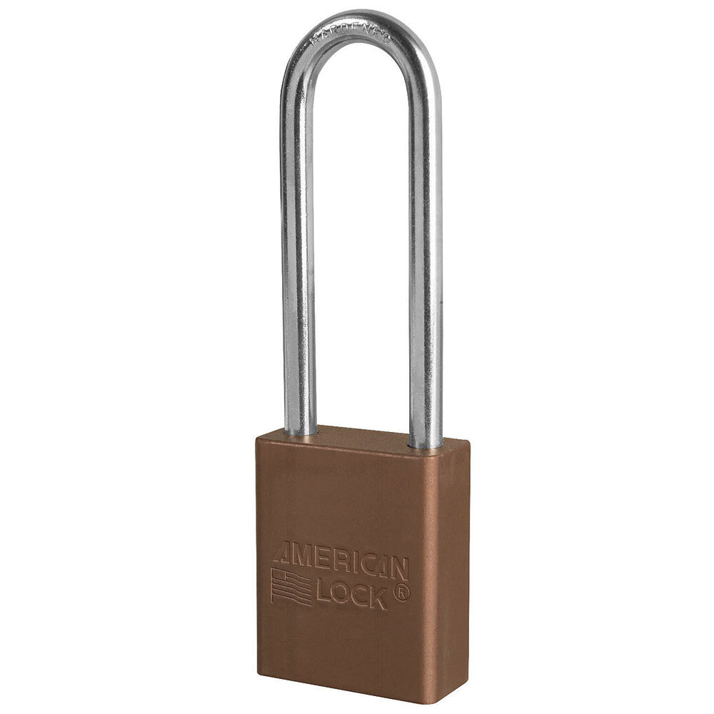 Master Lock Brown anodized aluminum safety padlock, 38mm wide with 75mm tall shackle, key retaining safety...