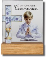 Glass Plaque/Wood Base/Communion Boy  (C32470)