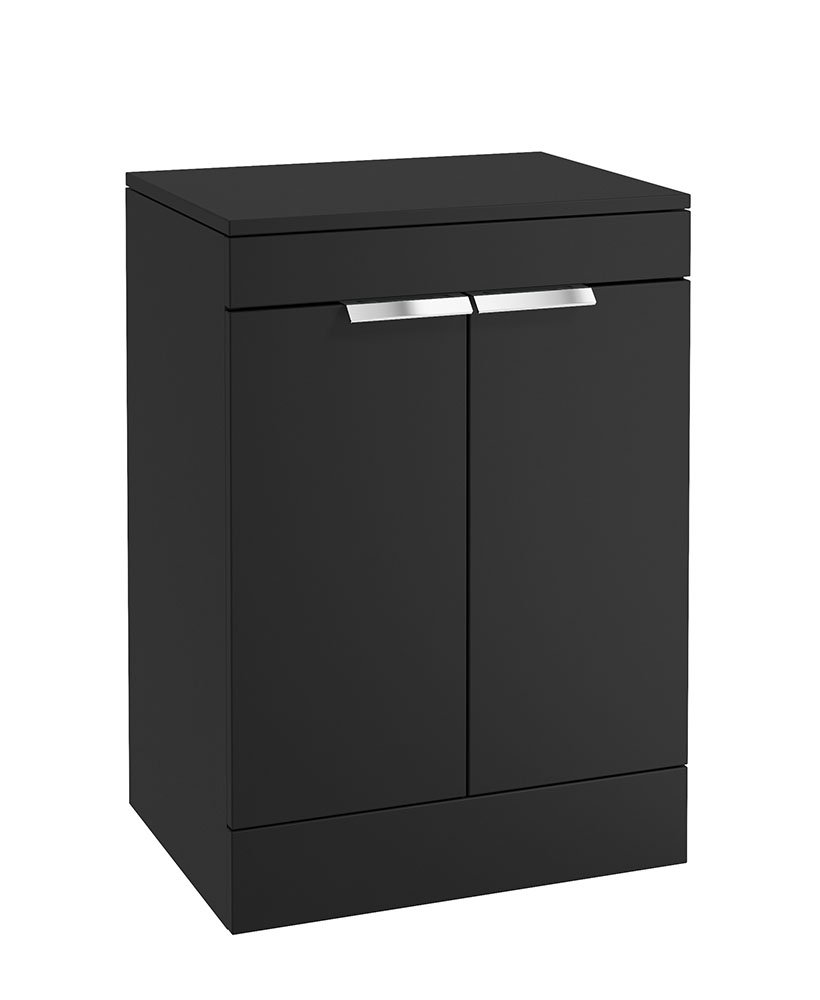STOCKHOLM 60CM TWO DOOR COUNTERTOP FLOOR STANDING MATT BLACK VANITY UNIT - BRUSHED CHROME HANDLES