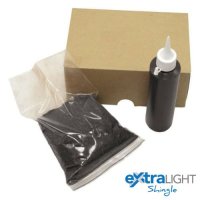ExtraLight Roof Tile Repair Kit in charcoal colour, showing bag of granules, glue and box