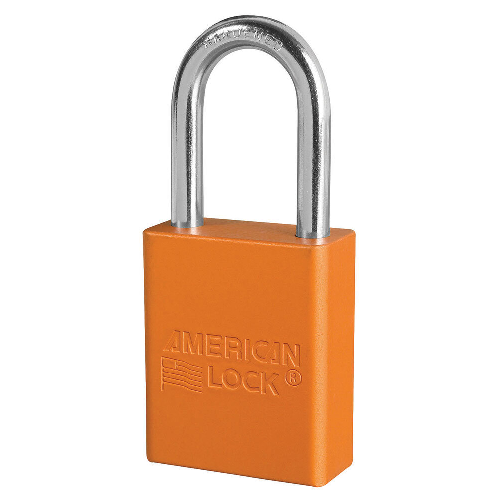 Master Lock Orange anodized aluminum safety padlock, 38mm wide with 38mm tall shackle