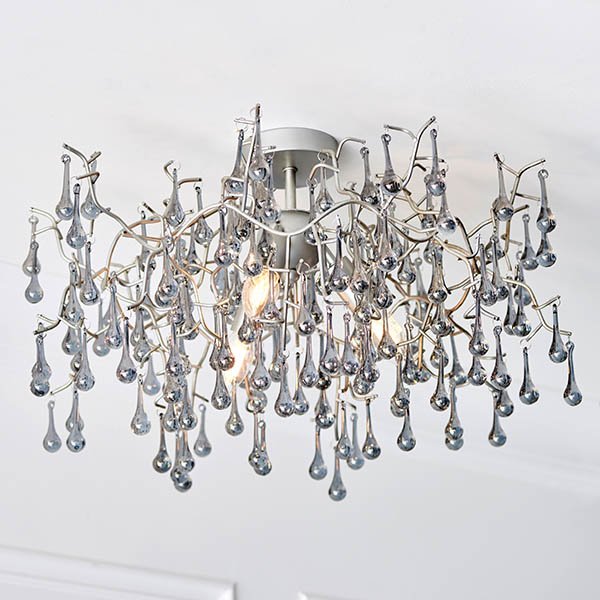 Endon Aged Silver Branch Semi-Flush With Glass Droplets