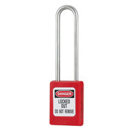 Master Lock Red Zenex&trade; thermoplastic safety padlock, 35mm wide with 76mm shackle stainless steel shackle,...