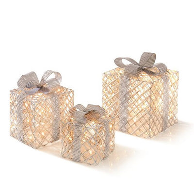 Set of 3 LED Acrylic Parcels with Silver Bow