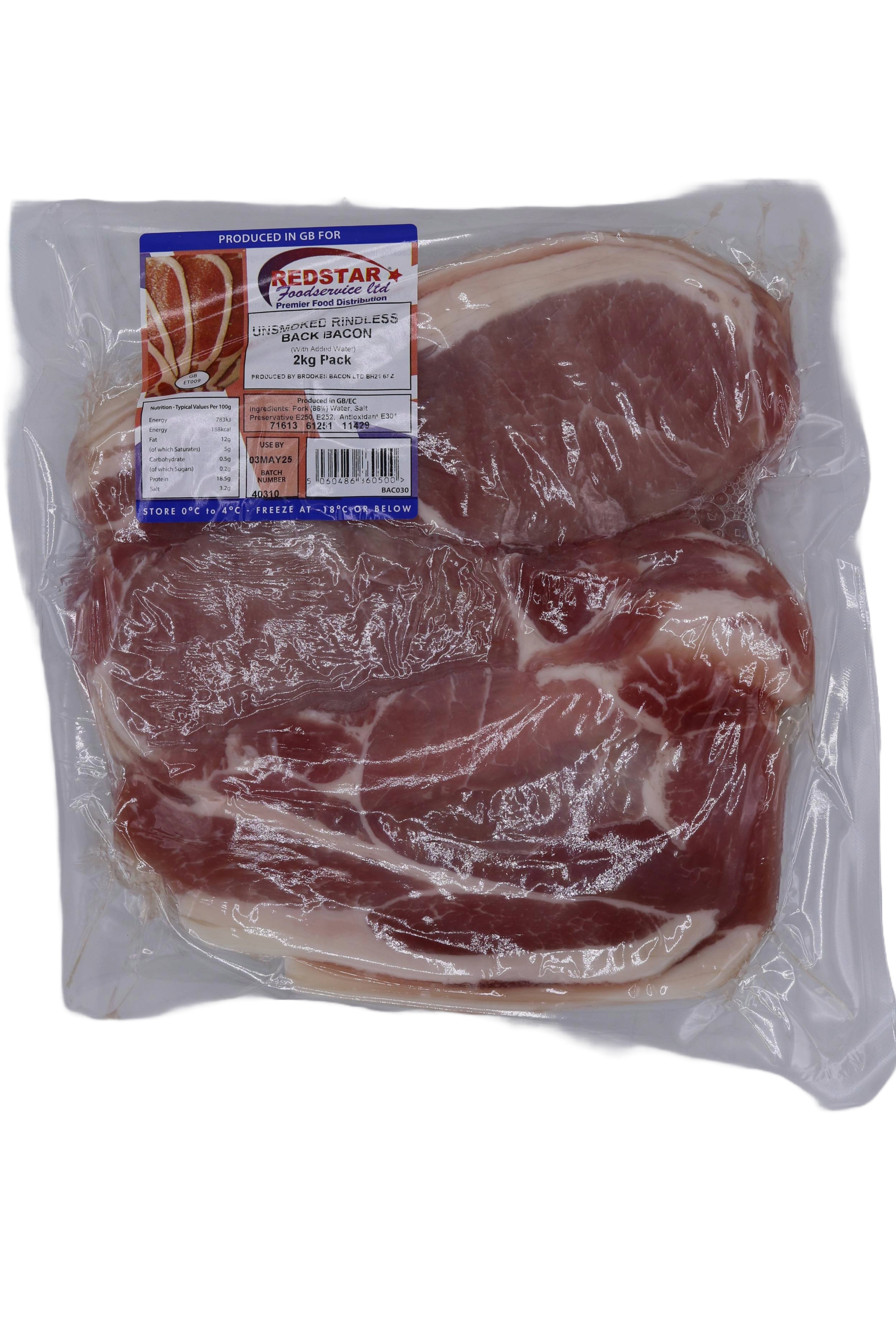 Frozen Redstar Rindless Back Bacon (Unsmoked) 2kg**Promotion Buy 16 or More &pound;6.99**