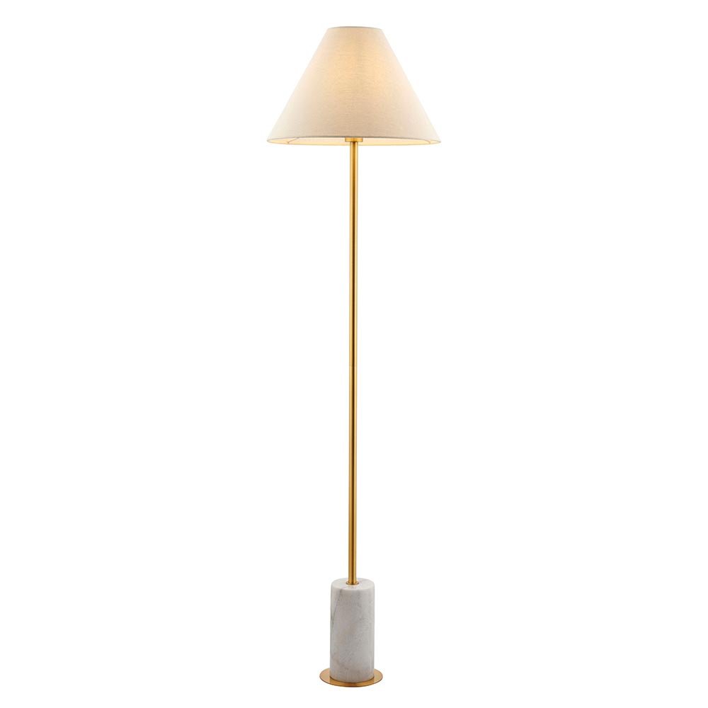 Endon Brushed Aged Brass & White Marble Floor Light With Fabric Shade