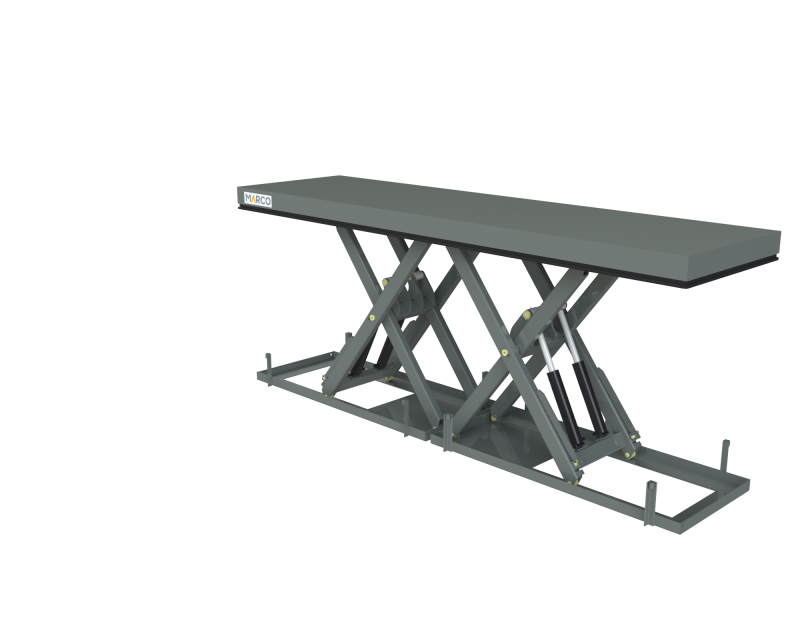 Twin scissor lift table for long industrial loads