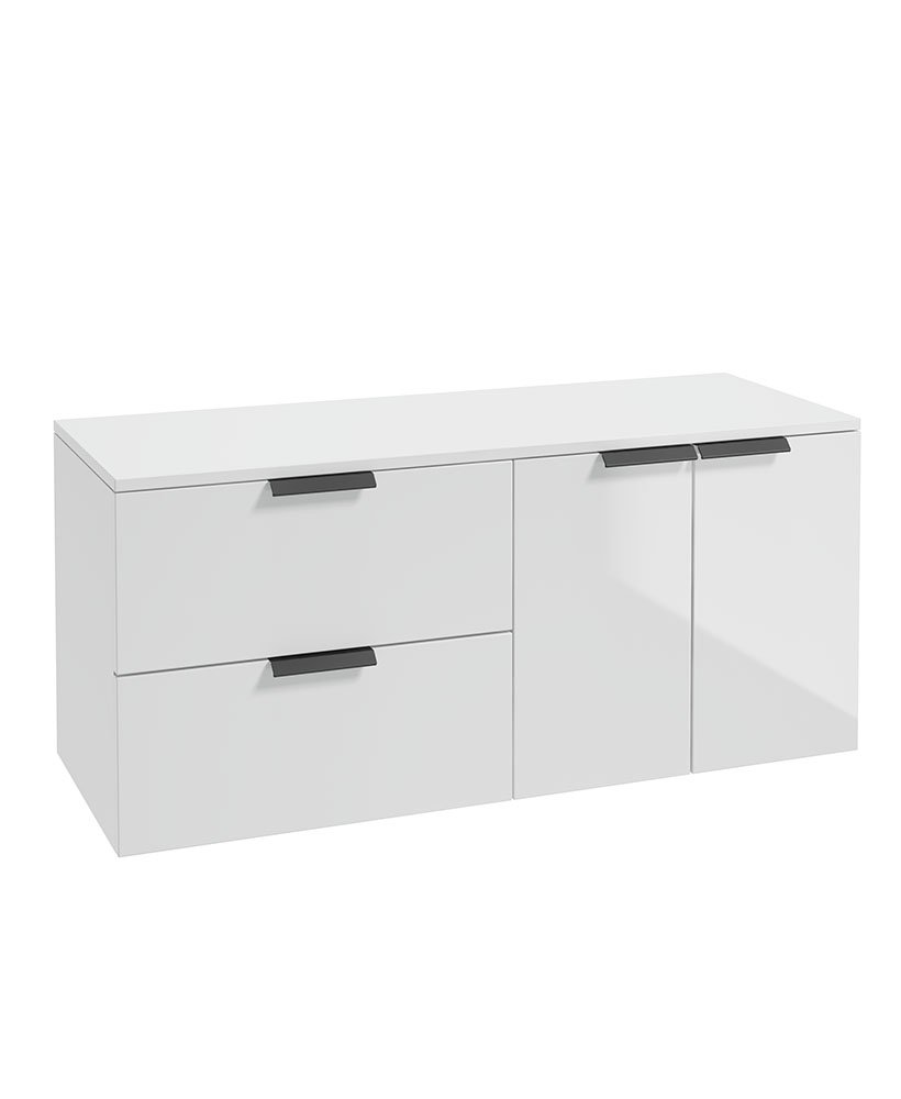 STOCKHOLM 120CM WALL HUNG TWO DRAWER/TWO DOOR GLOSS WHITE  COUNTERTOP VANITY UNIT - MATT BLACK HANDLE