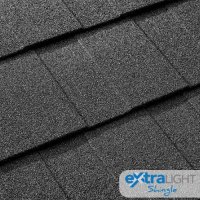 roof with ExtraLight charcoal tiles, with extralight conservatory roof shingles logo