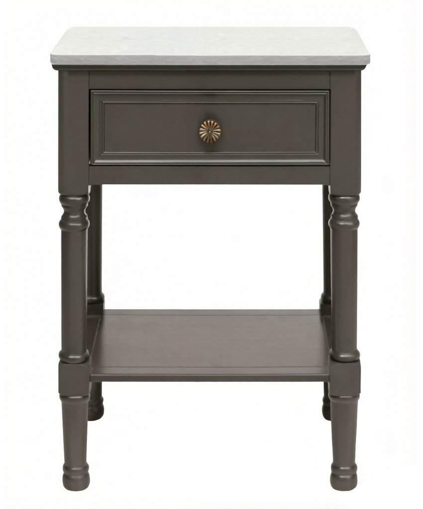 Olive Brown Side Table 1 Drawer 1 Shelf with Hermes Marble 45x35x61cm