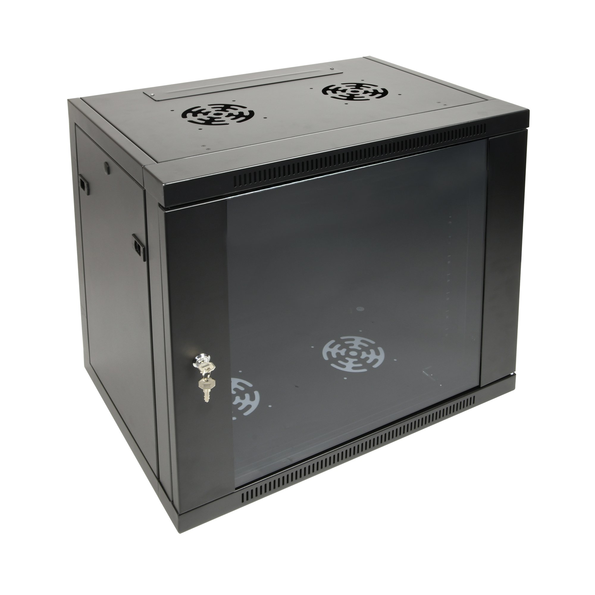 12U 600 x 420mm flat packed wall mounted rack cabinet front view with tempered glass door and black steel frame