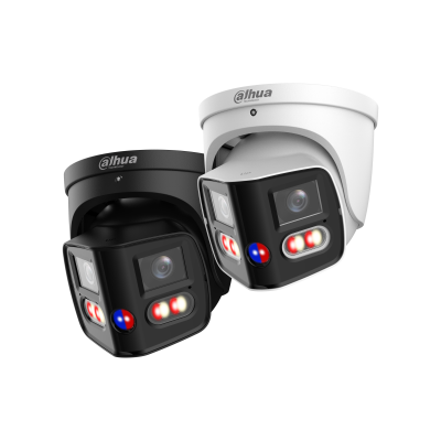 IPC-PDW3859-A180-AS-PV-B black 2x4MP TiOC dual lens 180 degree panoramic turret camera front view