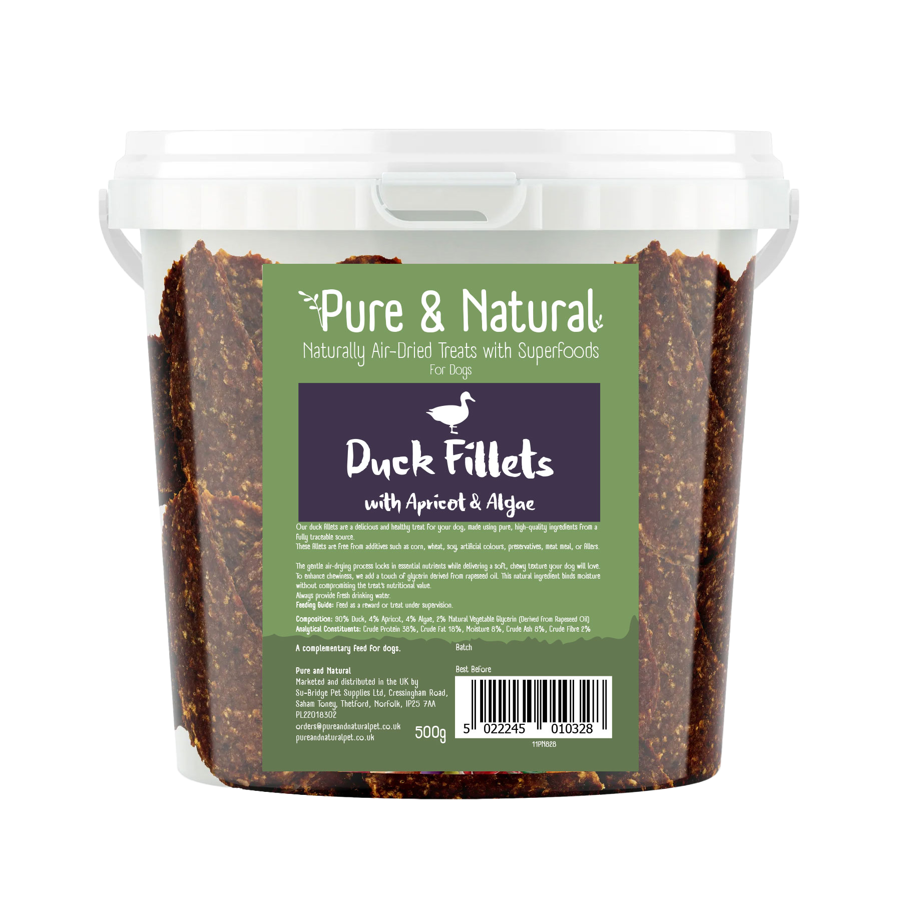 Pure & Natural PN828 Air Dried Duck Fillets Treats with Superfoods Apricot and Algae Tub 500gm