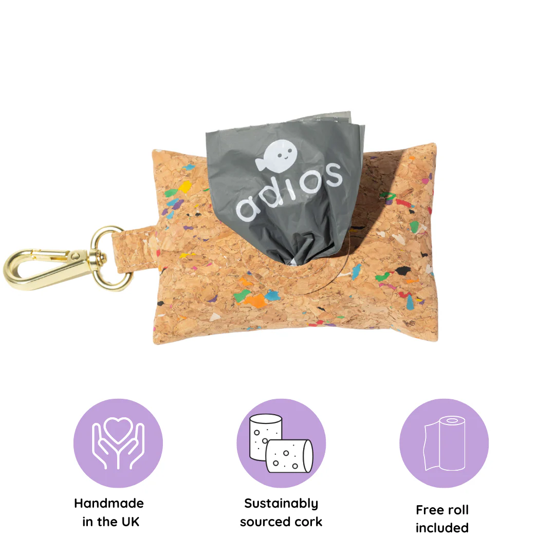 Adios Handmade Natural Cork Poop Bag Holder Rainbow Flecks with 15 Poop Bags