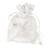 Satin Lace Pouch With Flowers & Pearls Ivory - 100 x 150mm