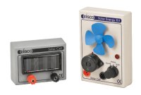 Solar energy kit, comprising solar cells, motor, fan, on stand.