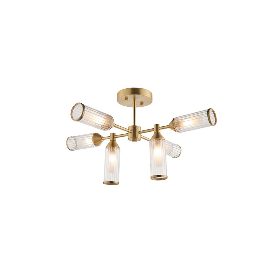 Endon Ribbed And Frosted Glass Satin Brass 6 Light Semi-Flush
