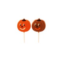 Decorated solid milk choc & orange pumpkin lollies in display  - 24 x 25g